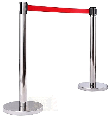 two silver barrier post with red belt connect