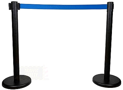 two black barrier post with blue belt togther
